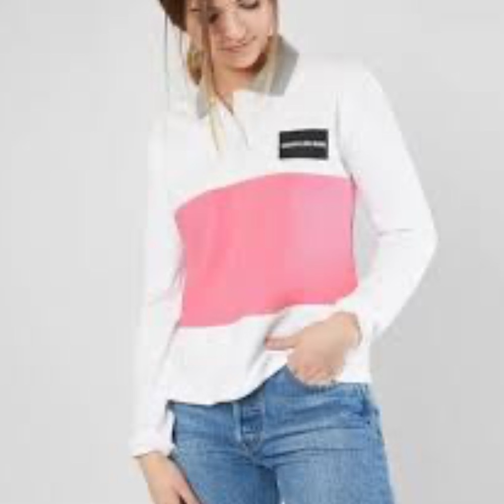 Calvin Klein Jeans Logo Polo Shirt Colorblock Pink White Long Sleeve Size M